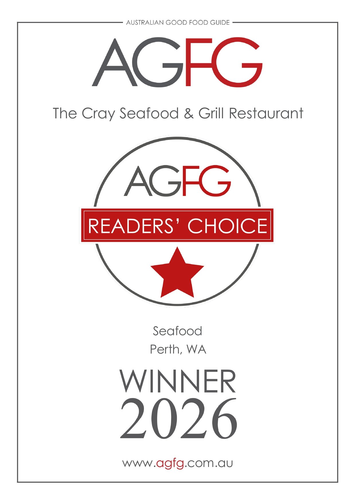 The Cray Seafood and Grill Restaurant AGFG Readers Choice Winner 2026